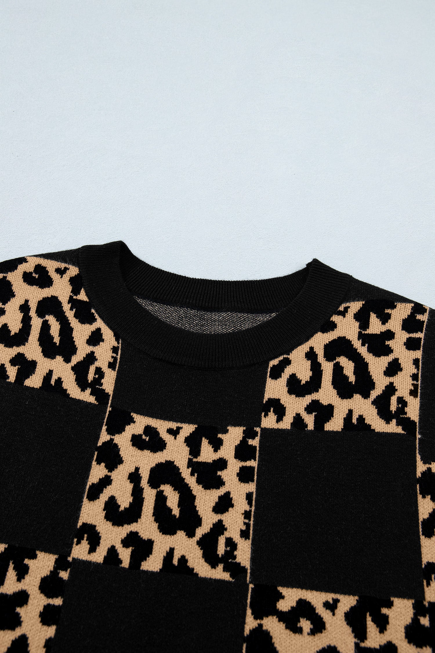 Red Leopard Checkerboard Short Sleeve Knit Sweater