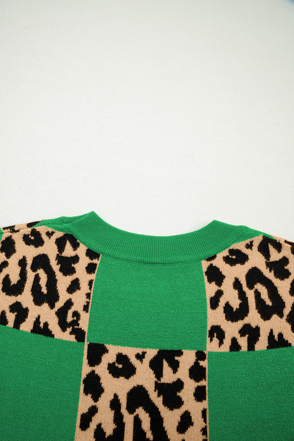 Red Leopard Checkerboard Short Sleeve Knit Sweater