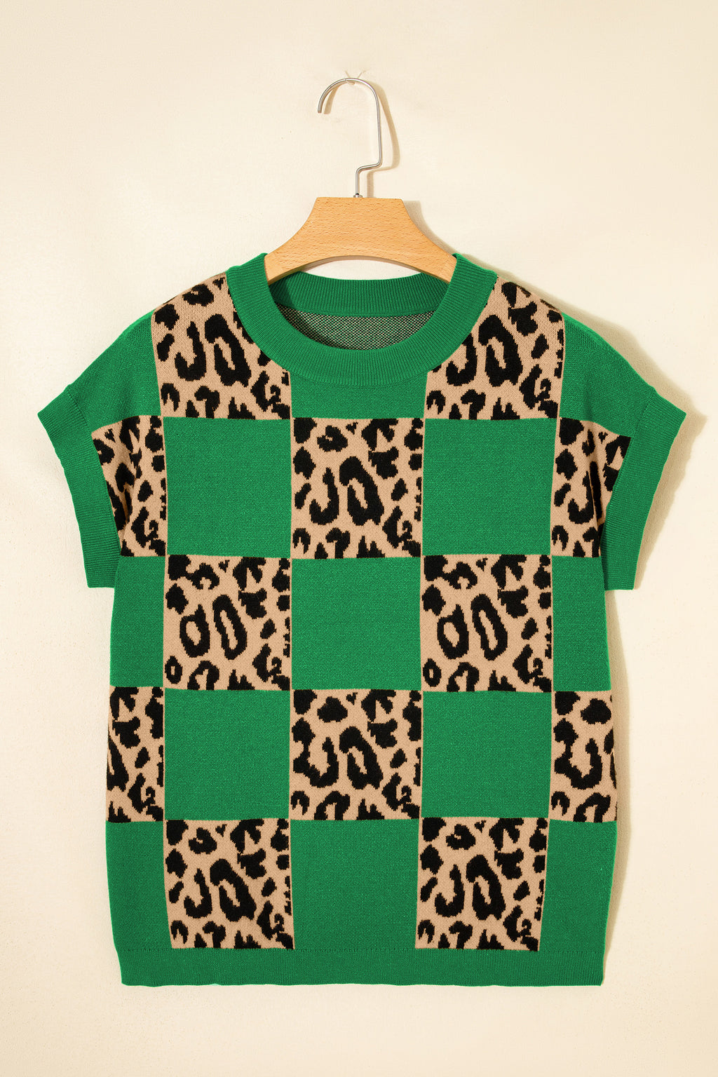 Red Leopard Checkerboard Short Sleeve Knit Sweater