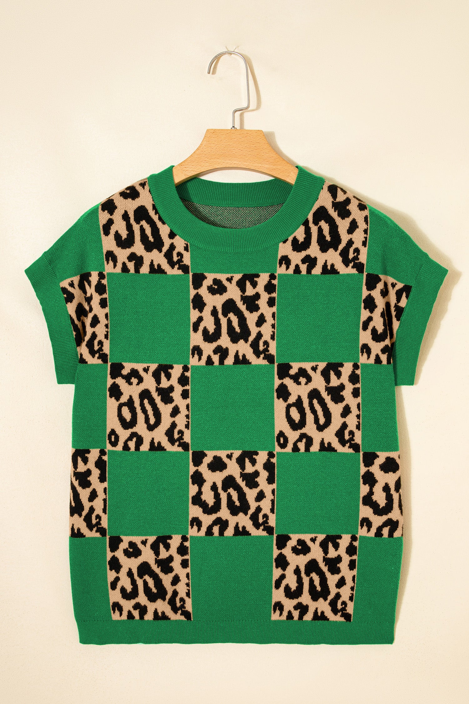 Red Leopard Checkerboard Short Sleeve Knit Sweater