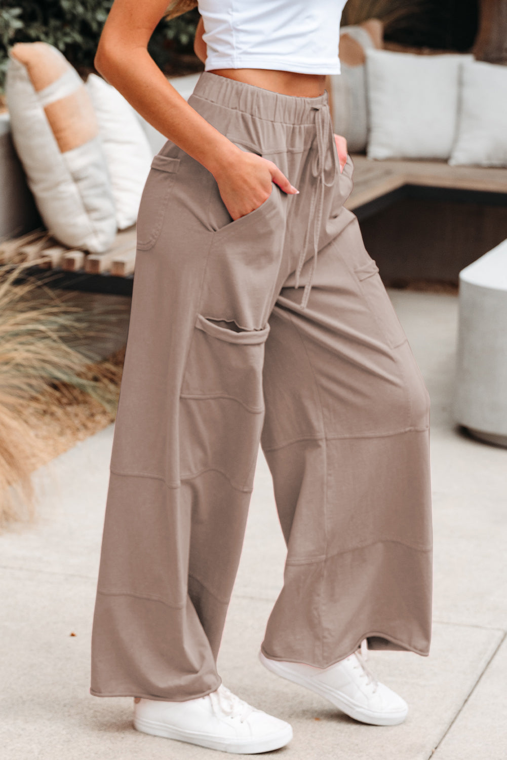 Bonbon Mineral Wash Exposed Seam Drawstring Elastic Waistband Wide Leg Cargo Pants