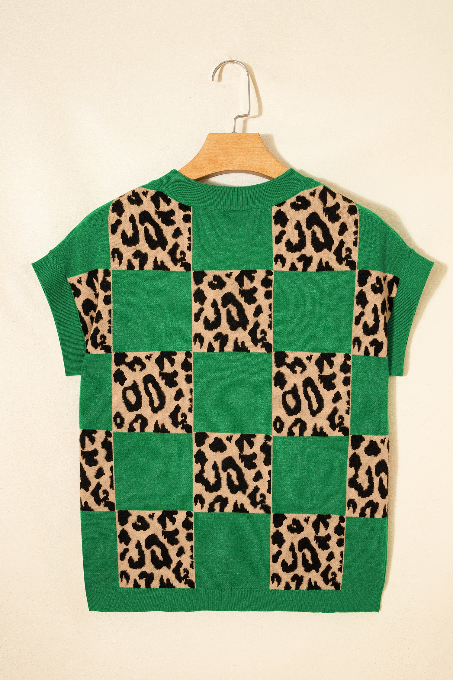 Red Leopard Checkerboard Short Sleeve Knit Sweater