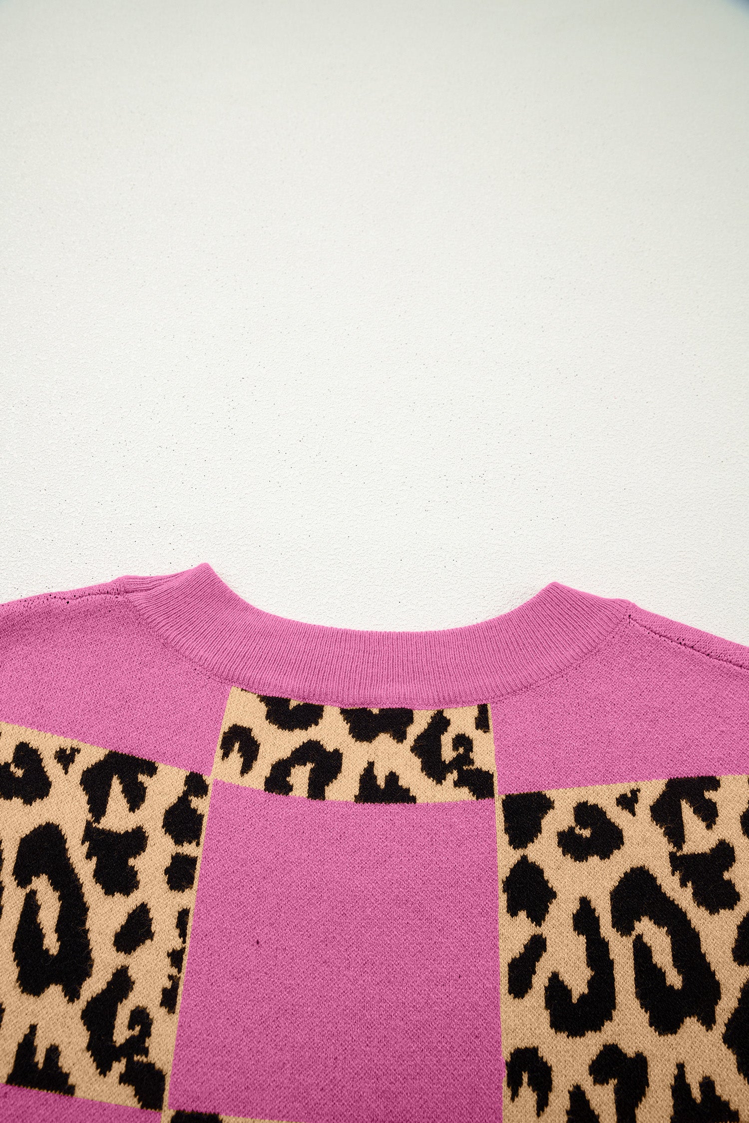 Red Leopard Checkerboard Short Sleeve Knit Sweater
