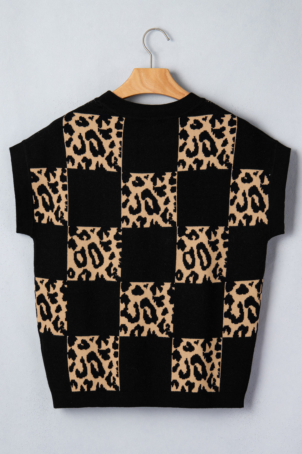 Red Leopard Checkerboard Short Sleeve Knit Sweater
