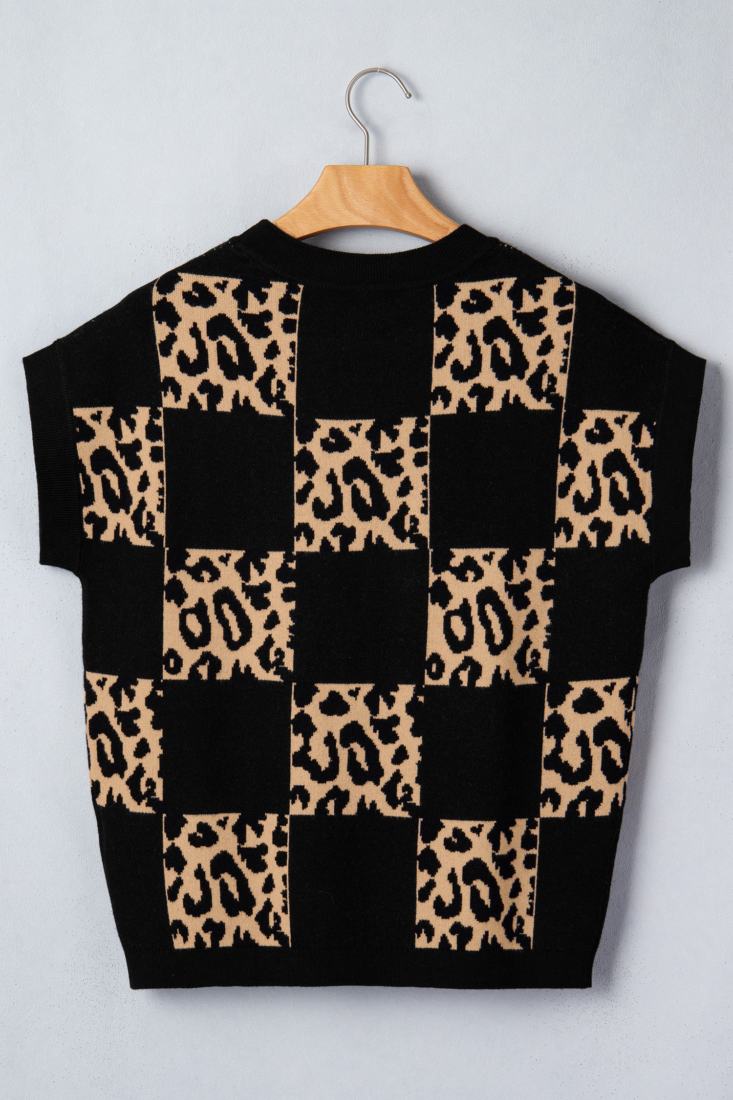 Red Leopard Checkerboard Short Sleeve Knit Sweater