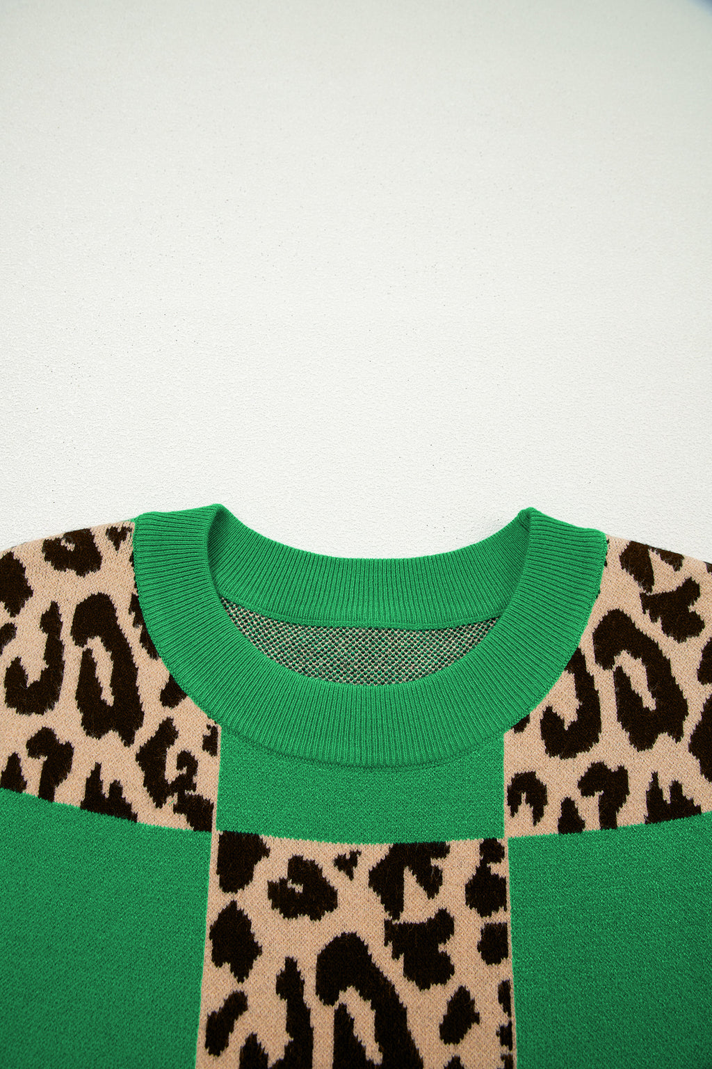 Red Leopard Checkerboard Short Sleeve Knit Sweater