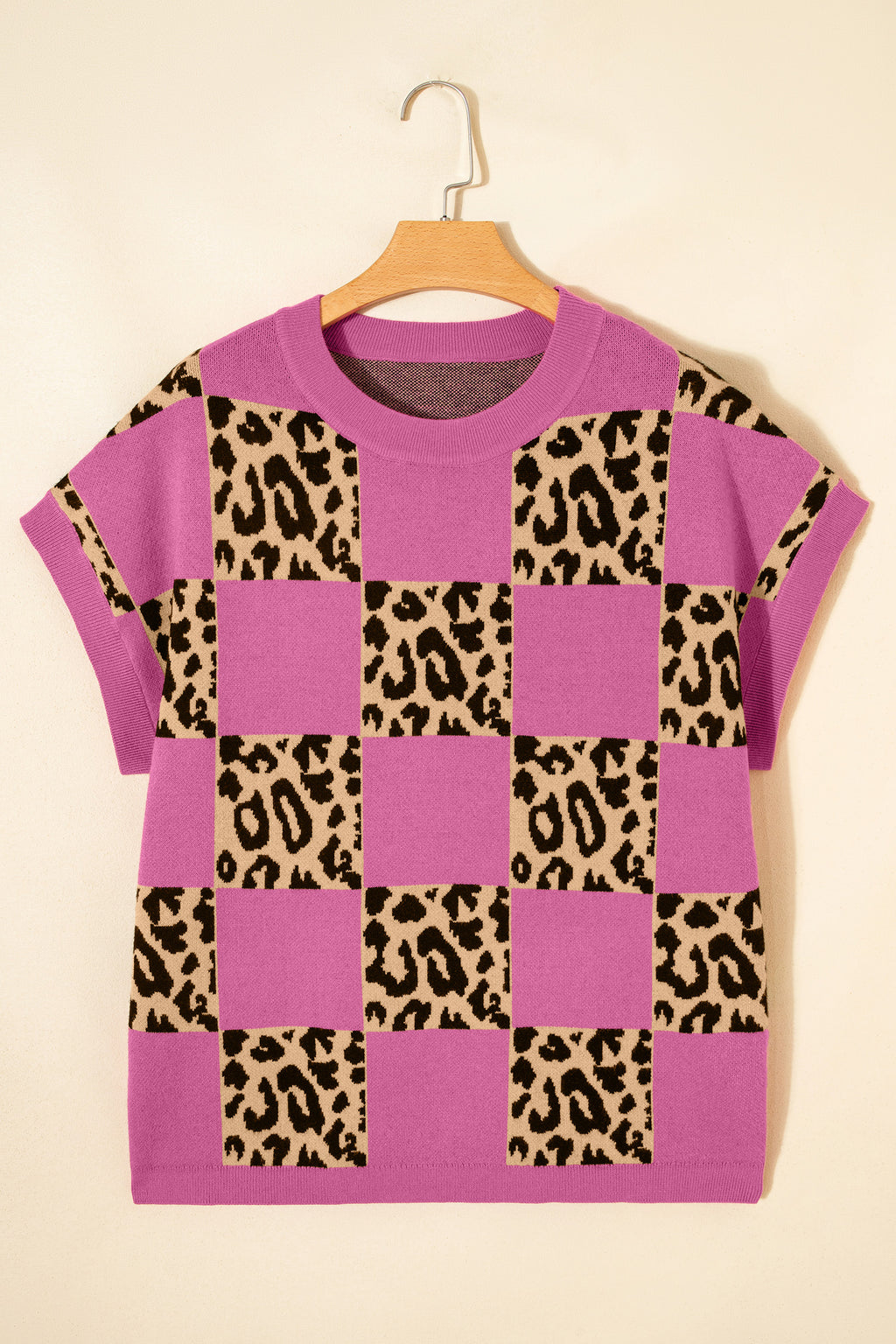 Red Leopard Checkerboard Short Sleeve Knit Sweater