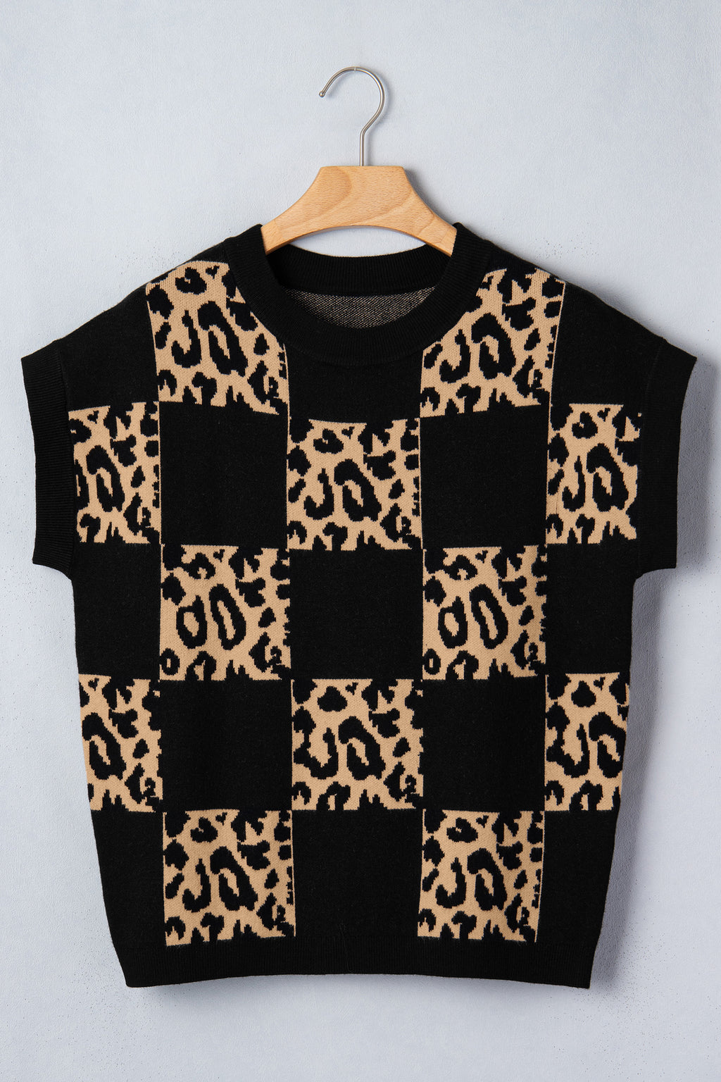 Red Leopard Checkerboard Short Sleeve Knit Sweater
