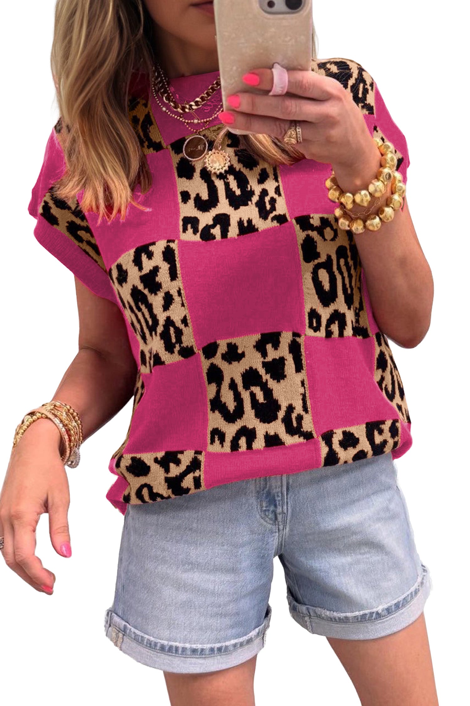 Red Leopard Checkerboard Short Sleeve Knit Sweater