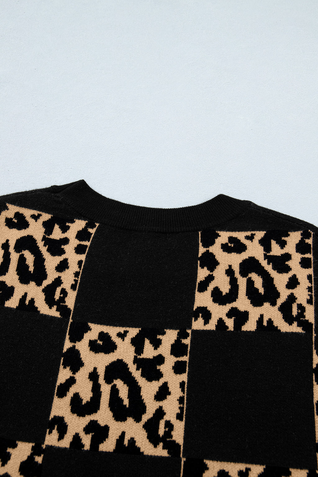 Red Leopard Checkerboard Short Sleeve Knit Sweater