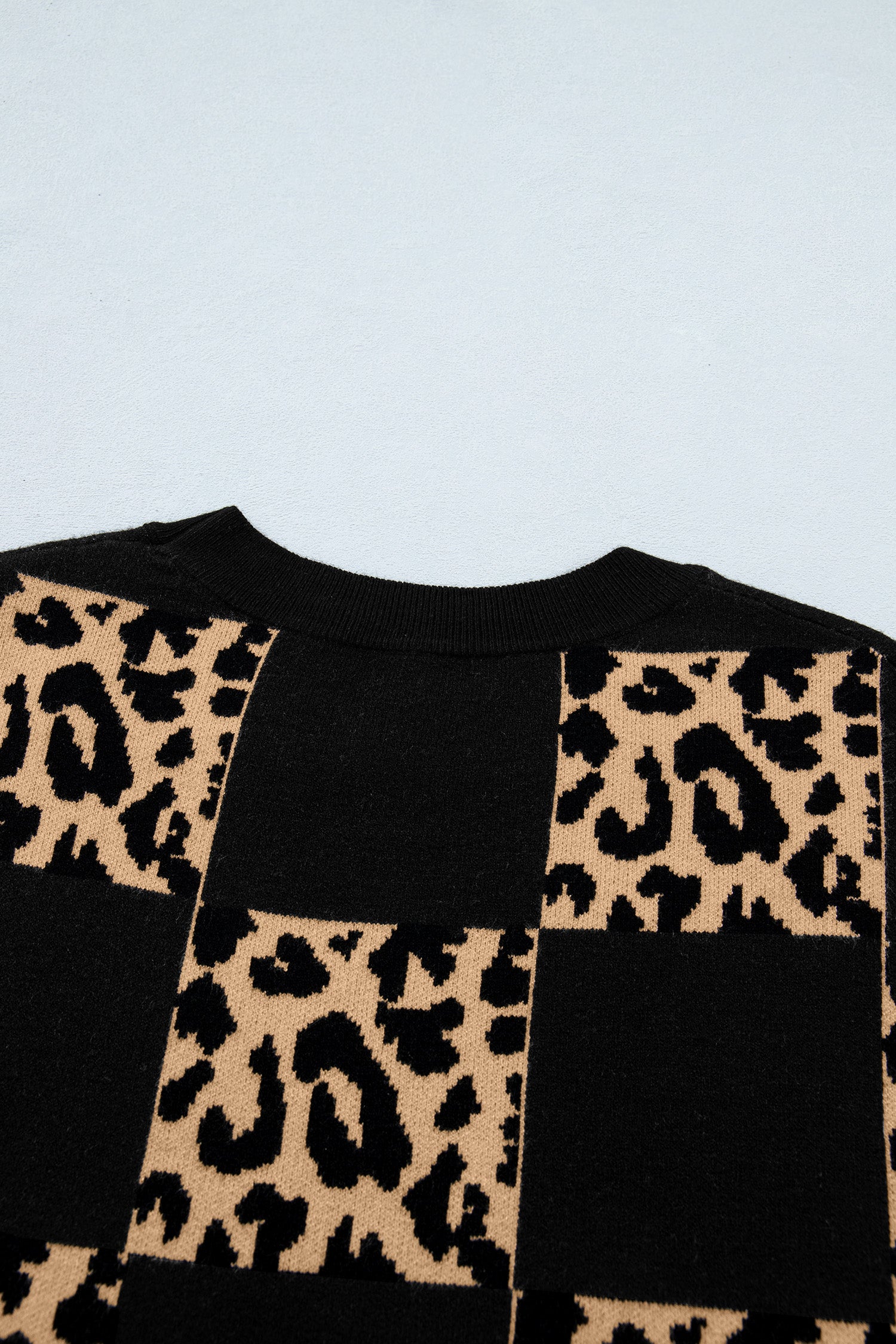 Red Leopard Checkerboard Short Sleeve Knit Sweater