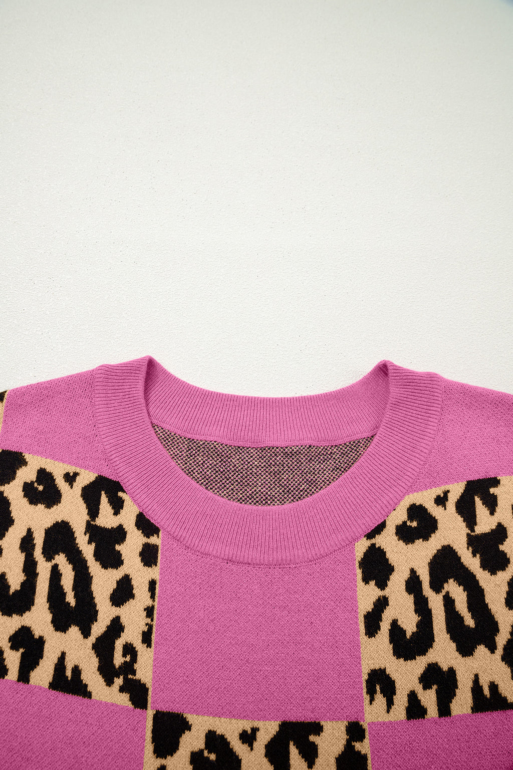 Red Leopard Checkerboard Short Sleeve Knit Sweater