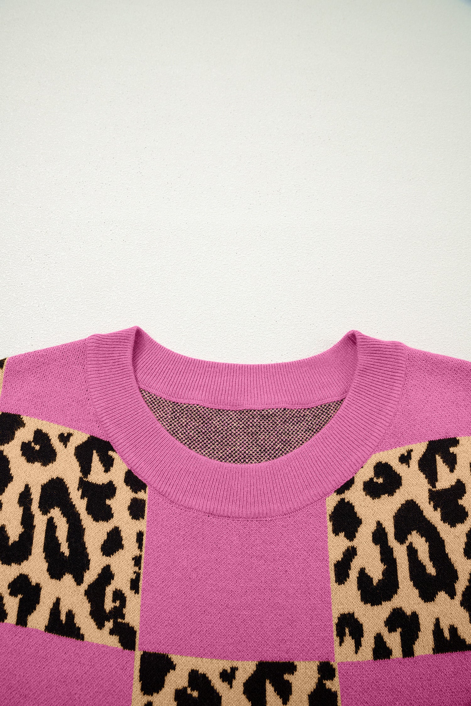 Red Leopard Checkerboard Short Sleeve Knit Sweater