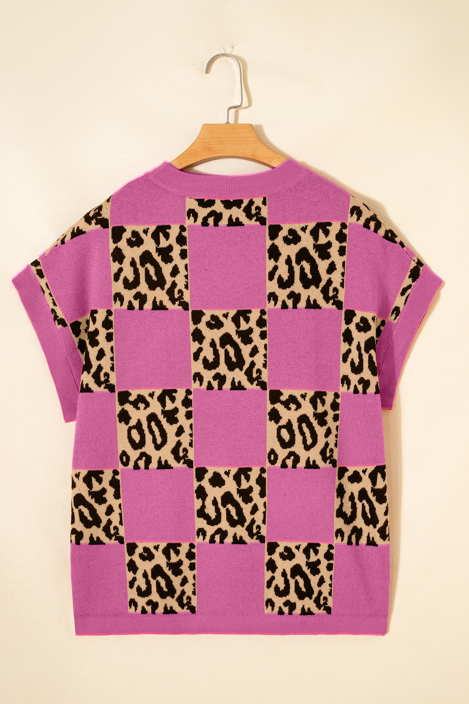 Red Leopard Checkerboard Short Sleeve Knit Sweater