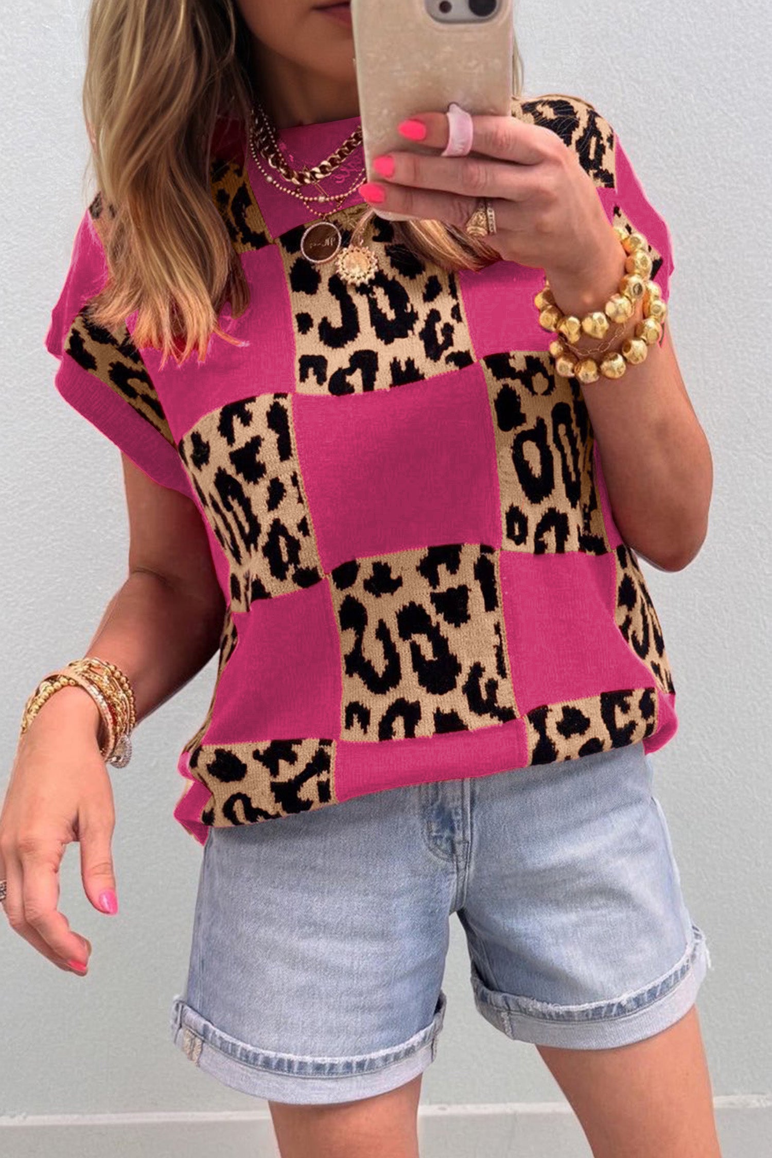 Red Leopard Checkerboard Short Sleeve Knit Sweater