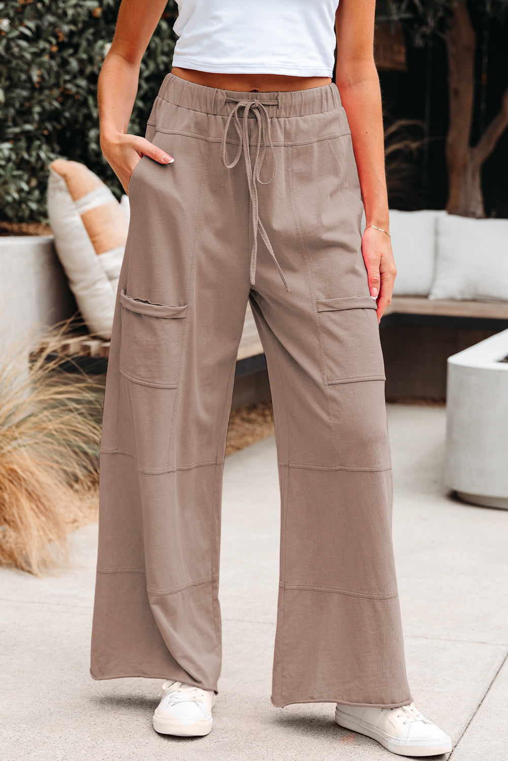 Bonbon Mineral Wash Exposed Seam Drawstring Elastic Waistband Wide Leg Cargo Pants